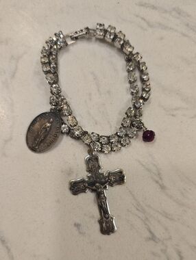 Silver-Tone Rhinestone Religious Charm Bracelet with Cross Pendant - Silver